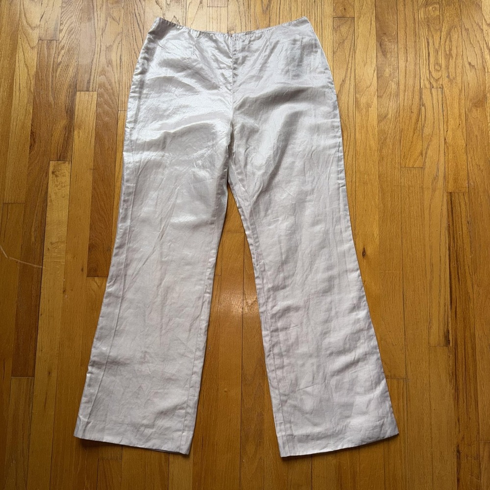 Marlowe Pants 12 Silver Linen‎ Blend Wide Leg Satin Dress Italy Quiet Luxury
